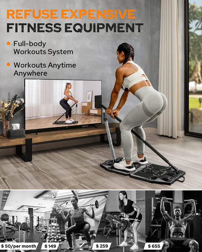 Portable Home Gym Workout Equipment with 14 Exercise Accessories Ab Roller Wheel,Elastic Resistance Bands,Push-Up Stand,Post Landmine Sleeve and More for Full Body Workouts System